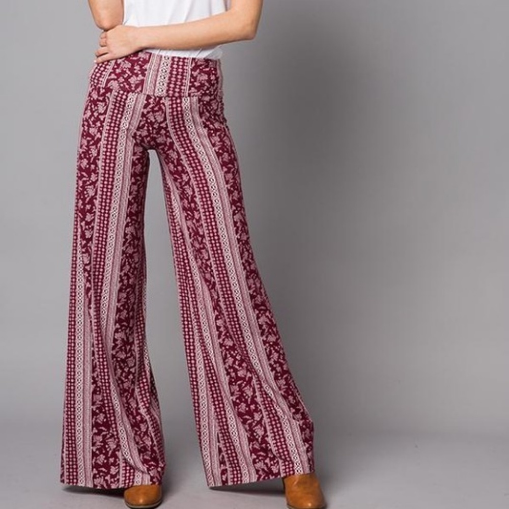 Burgundy Boho Printed Palazzo Pants